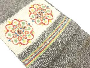 手織り真綿紬横縞に華文模様織出し名古屋帯